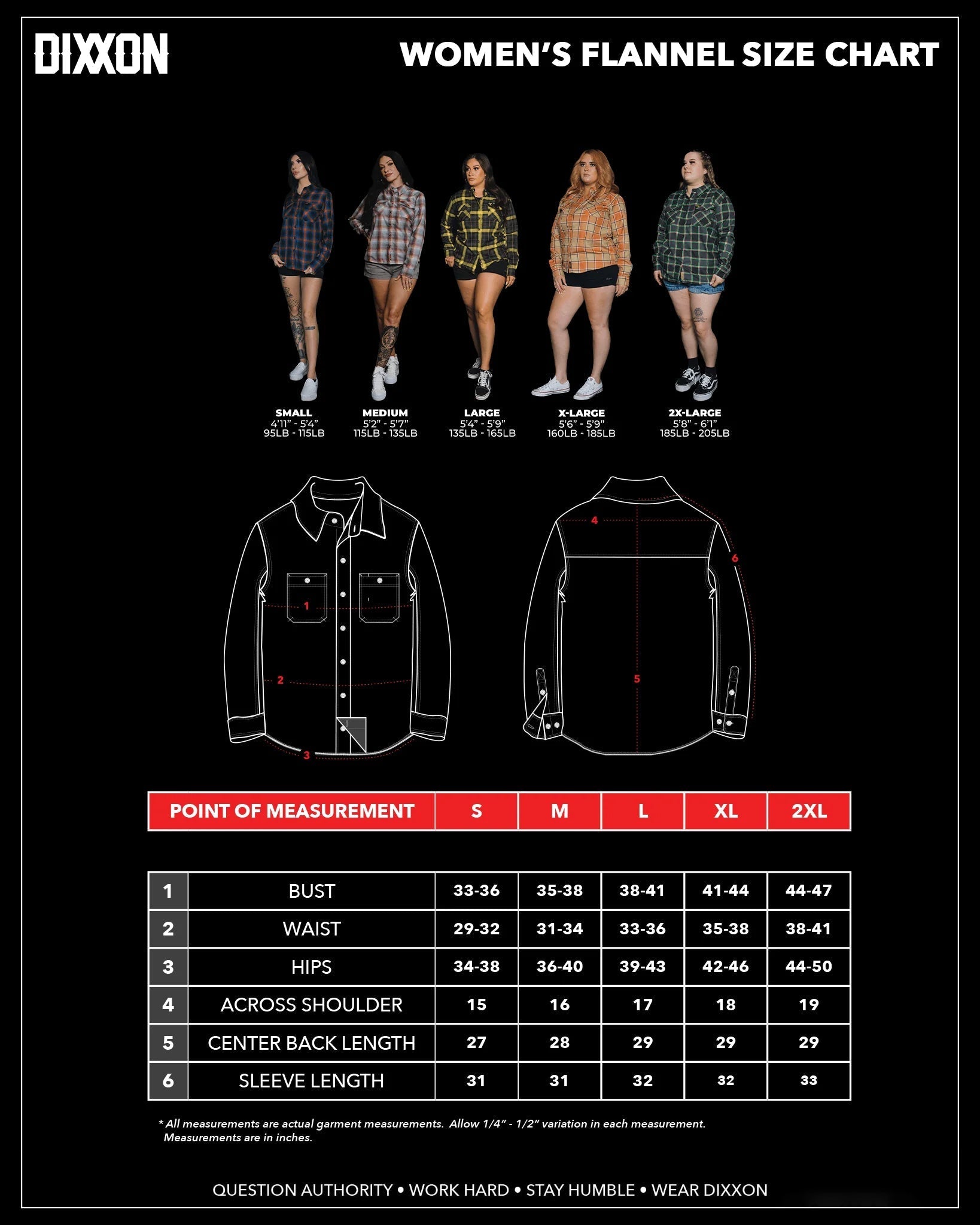 Women's The Soldier Flannel Size Chart - Dixxon Flannel Co.